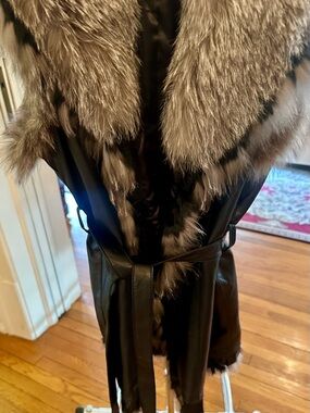Black Leather Women’s belted Vest with Gray fox and rabbit Fur Trim with pockets